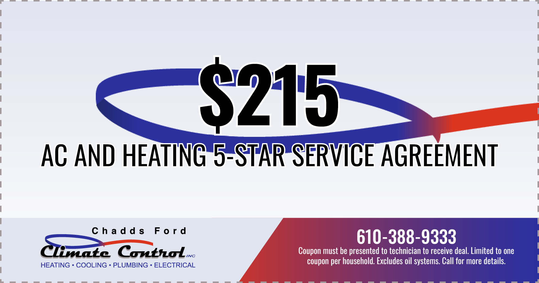 Website coupon for $215 heating 5 star service agreement.